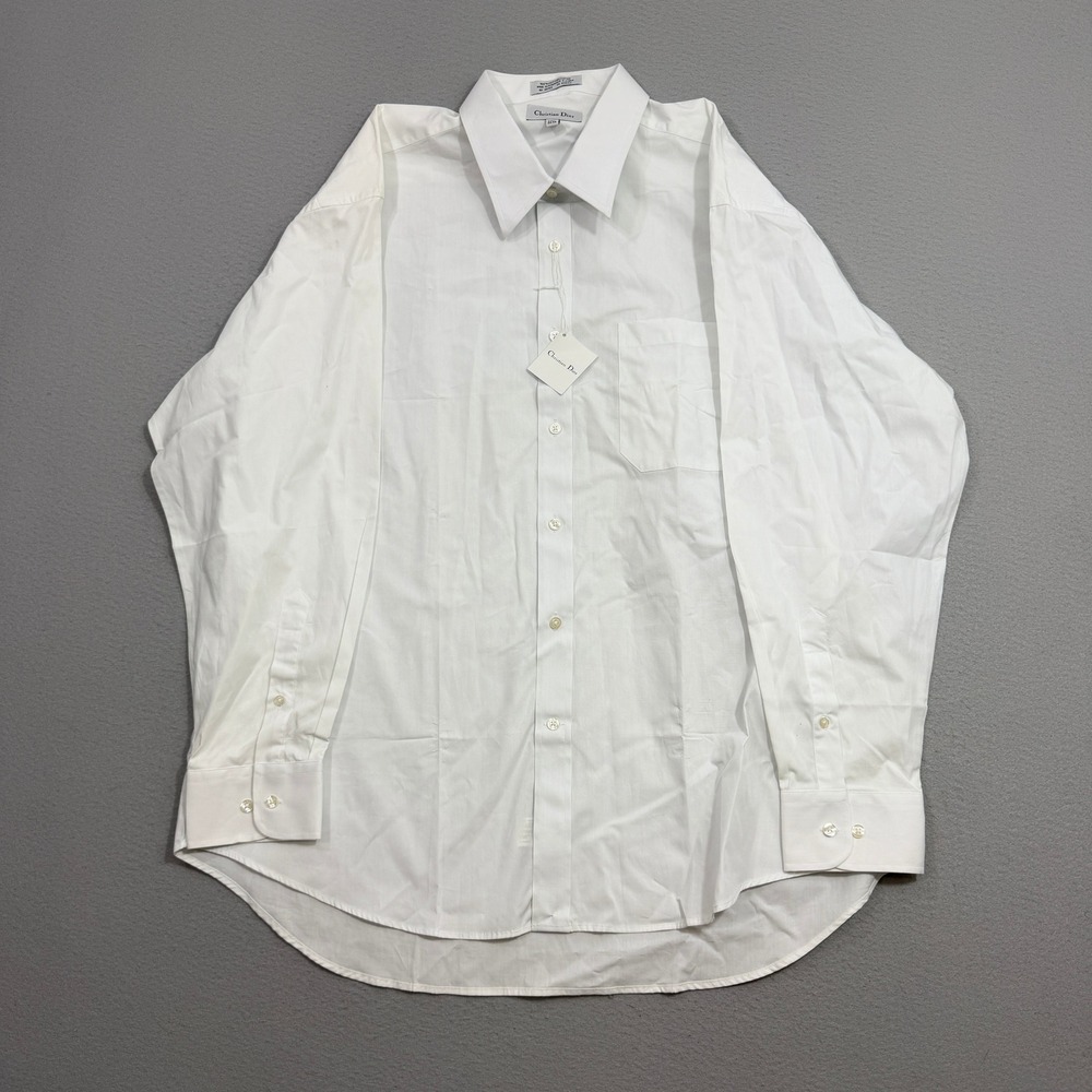 Vintage Christian Dior Dress Shirt 17.5 White Solid Button Down Long Sleeve NOS